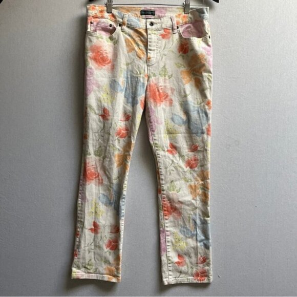 Lauren Jeans Co. Jeans Floral Denim Straight Leg Pockets Sz 12 - Picture 1 of 13